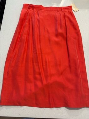Vintage Vibrant Red Orange Silk Midi Skirt with Subtle Pleats